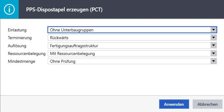 Dialog PPS-Dispostapel erzeugen (PCT) mit Einlastung, Terminierung, Auflösung, Ressourcenbelegung, Mindestmenge